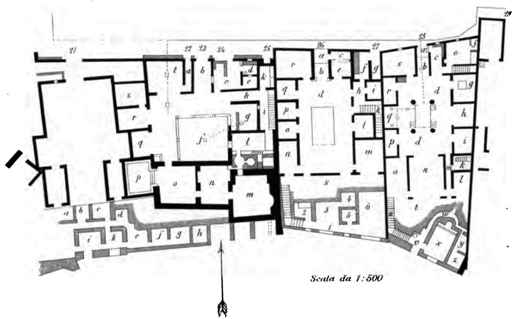 VIII.2.26 Pompeii. Plan of house and adjacent houses VIII.2.22-28. (Street level floor in dark black, lower floor in grey.) 

(Note: different room numbers again). 

According to Mau (in BdI Mitteilungen), these houses were unearthed, incompletely however, at the time of the first excavations, and then reburied. 

See Bullettino dell’Instituto di Corrispondenza Archeologica (DAIR), 1888, (p.181, and Tav. VII) 